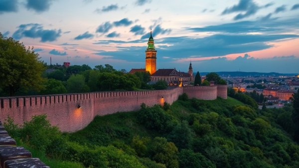 Wego Korea Tourism Organization Campaign - illuminated tower and ancient wall at dusk.