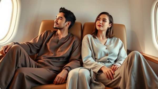 Relaxed loungewear style for Emirates First Class luxury travel.