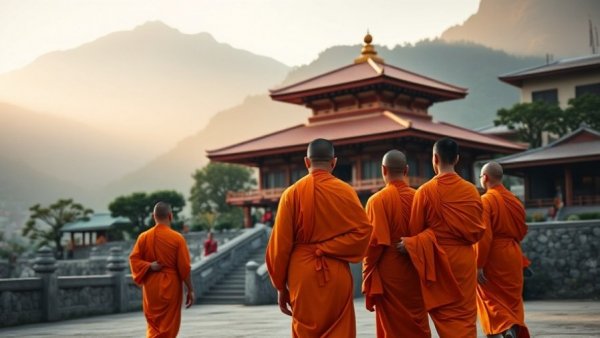 Monks walking to a temple in a tranquil mountain setting, travel images 2025.