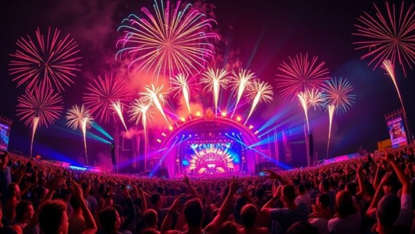Cultural events today: vibrant music festival with fireworks and a lively crowd.