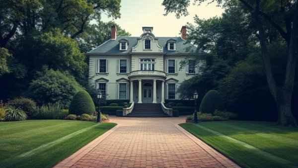 Elegant historic mansion surrounded by lush gardens in Raleigh.