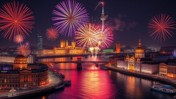 Vibrant fireworks over Thailand city at New Year countdown celebration.