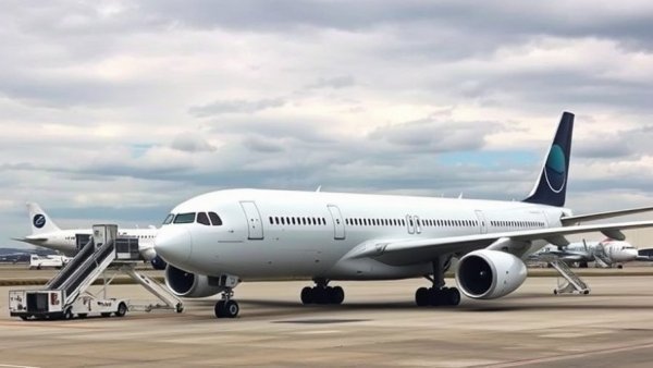 Affordable travel concept featuring a large aircraft ready for boarding on a cloudy day.
