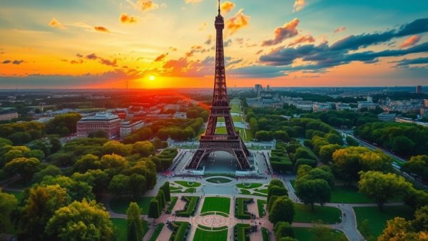 Scenic sunset view of Eiffel Tower, family-friendly Paris setting.