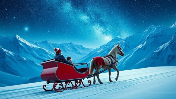 Couple's sleigh ride under starry sky; winter travel destination.