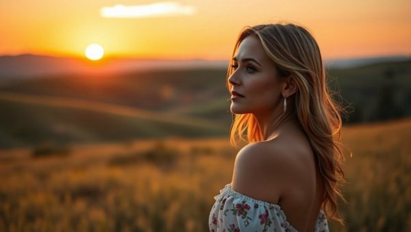 Elegant woman at sunset in scenic field, how to choose travel destination.
