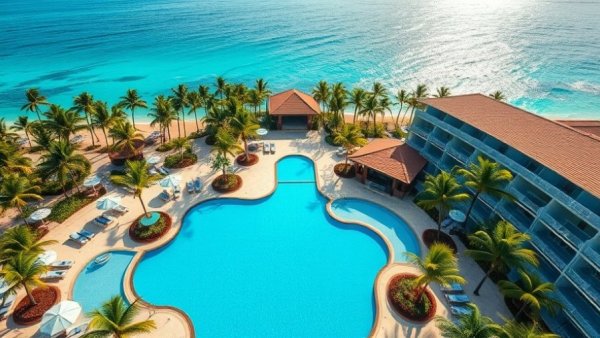 Aerial view of tropical all-inclusive resort showcasing pools and palm trees.