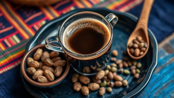 Traditional Menengiç coffee setup with nuts and green beans.