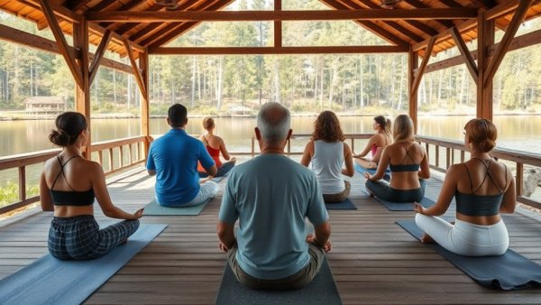 People meditating in lakeside pavilion showcasing hushpitality trend.