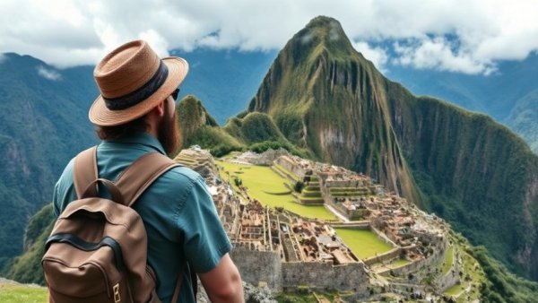 Traveler at Machu Picchu enjoying the view; budget travel health insurance.