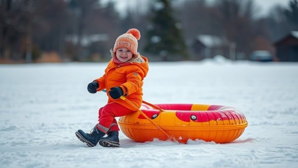 Child enjoying snow tubing adventure, pulling tube in snow.