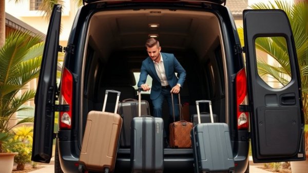 Hotel staff loading luggage into a van, travel news scene.