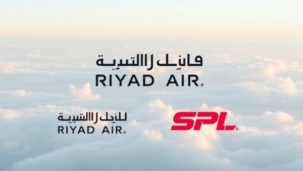 Riyadh Air and SPL logos on serene sky background; Saudi Arabia travel news.