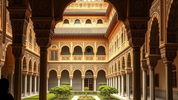 Intricate arches and columns at Alhambra on family expedition.