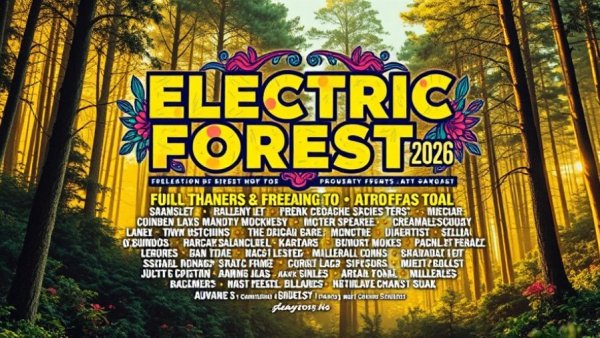Electric Forest 2026 lineup poster with psychedelic design.