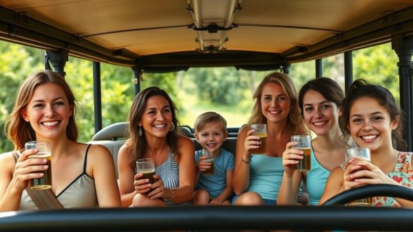 Family travelling on safari with drinks outdoors, smiling.