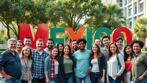Cheerful group at México sign, FITUR 2026 location background, outdoor park setting.