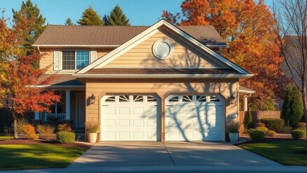 Modern house with secure garage doors and autumn scenery, garage door security