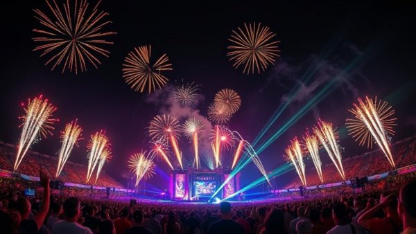 Vibrant cultural event with fireworks and laser lights display.