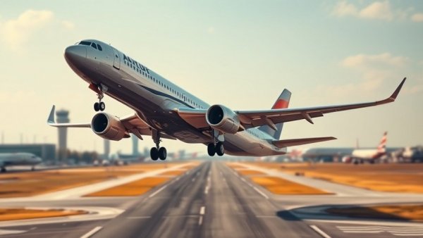 Airplane takeoff at airport, travel news focus