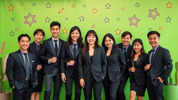 Group posing against green backdrop at immersive entertainment park.