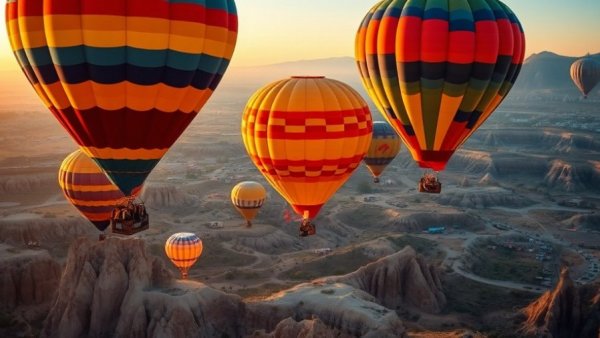 Colorful hot air balloons over Cappadocia's unique landscape, travel on a budget.