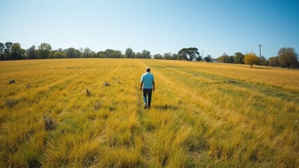 Lone figure on a grassy field under blue sky during a family expedition.
