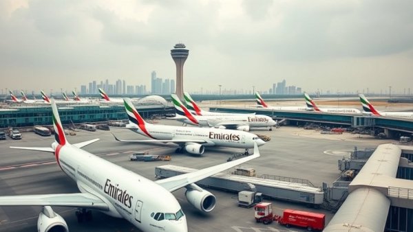 Dubai International Airport with Emirates planes and control tower.