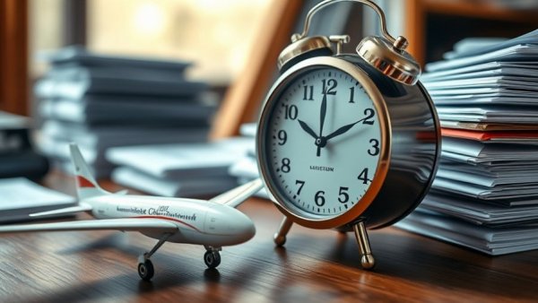 Model Flair Airlines plane next to clock, symbolizing on-time guarantee.