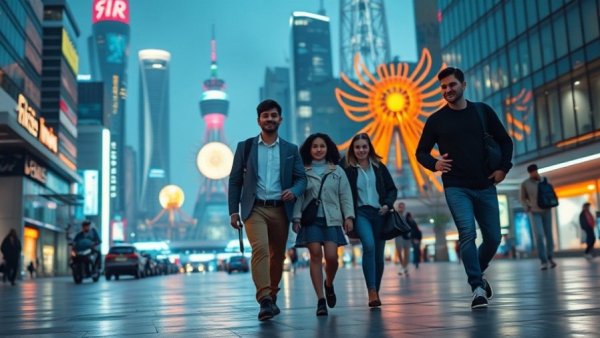 Family exploring futuristic GCC Tourism Capital 2026 cityscape at night.