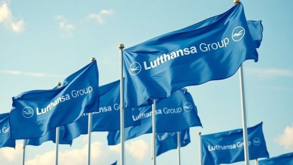 Lufthansa flags waving under a clear sky, travel news.