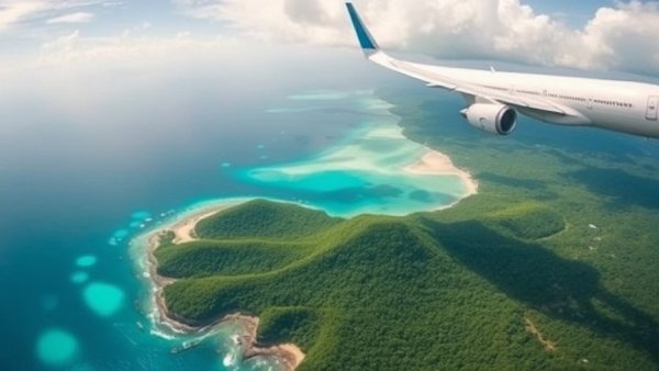 Airplane over tropical island in the ocean viewed from above.