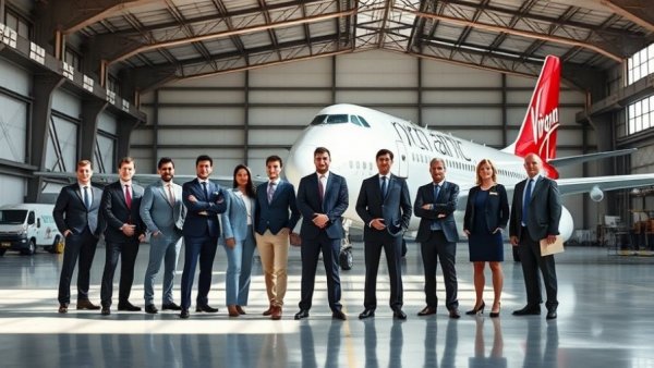 Virgin Atlantic leadership team posing in a hangar near an airplane.