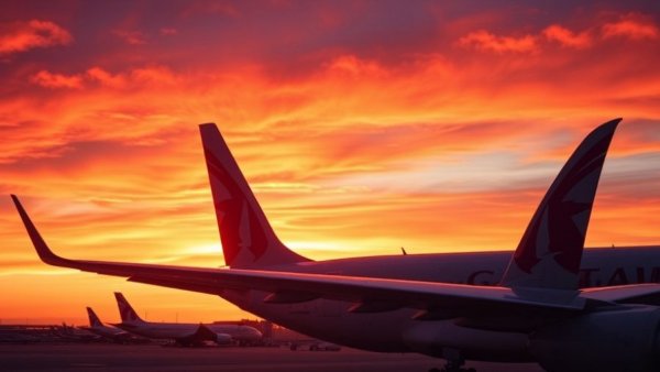 Qatar Airways aircraft tail against sunset sky, emphasizing aviation technology.