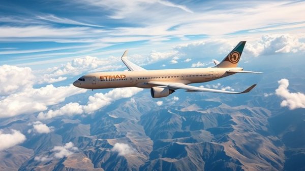 Etihad Airways Boeing flying over landscape, celebrating 20 years.