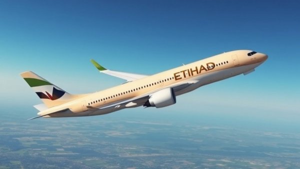 Etihad plane connecting Abu Dhabi and Johannesburg flying in blue sky.