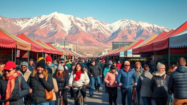 Outdoor bike festival with crowds, colorful tents, and scenic snowy mountains.