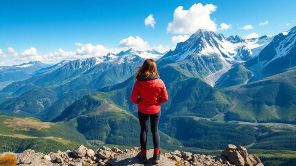 Young woman hiking safely on a mountain ridge, scenic and safe.