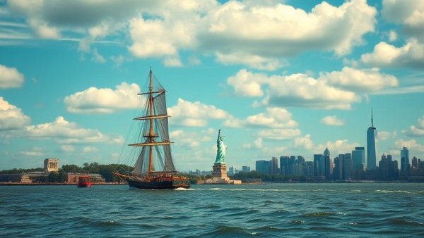 Family travelling enjoys view of Statue of Liberty and sailboat.