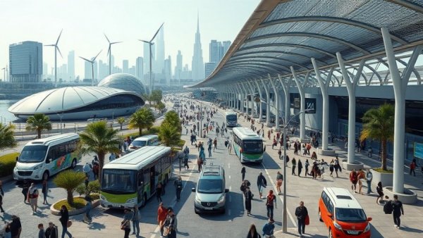 Futuristic sustainable transportation hub in a cityscape, net-positive travel