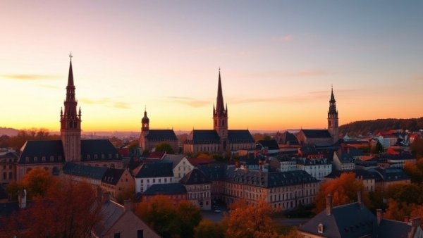 Luxembourg cityscape at sunset with historic architecture and spires.