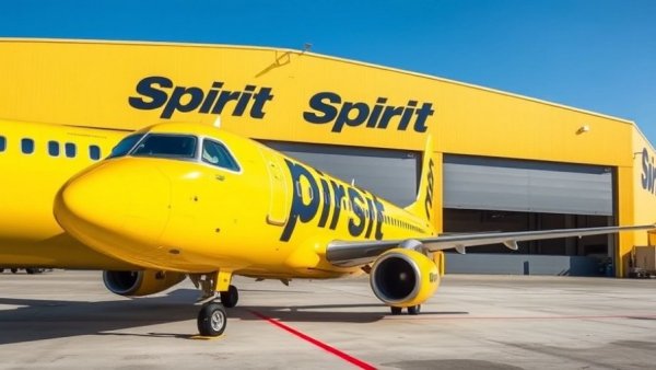Spirit Airlines aircraft with logo at hangar showcasing Spirit Airlines on-time performance.