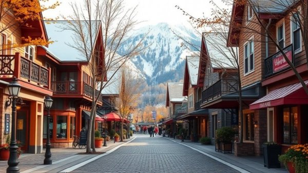 World of Frozen at Disneyland Paris, charming village street with colorful buildings and snowy mountains.