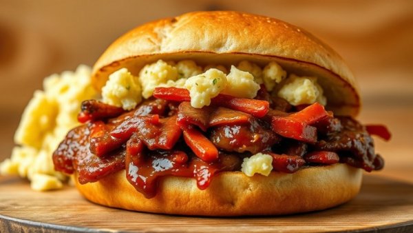 Juicy Texas barbecue sandwich and potato salad on a tray, rustic style.
