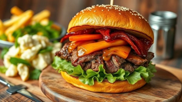 Texas barbecue brisket burger with potato salad.