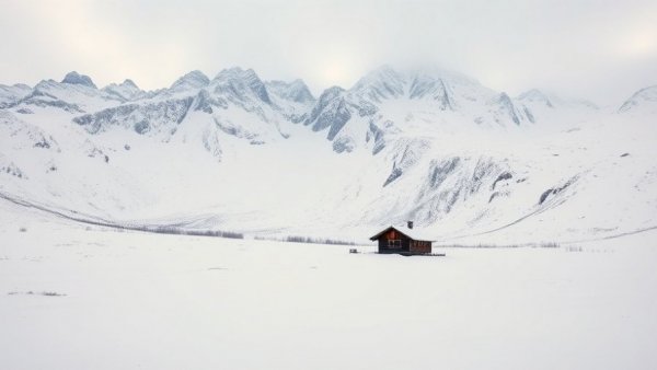 Remote village adventures: serene snowy landscape with mountains.