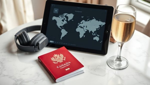 Travel essentials including passport and tablet on marble table, indicating travelling cheaply.