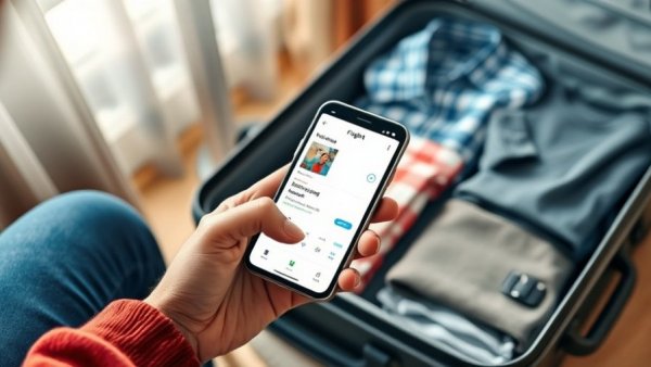 Person checks flight details on phone next to luggage for airline travel news.