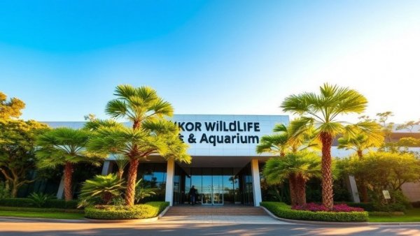 Angkor Wildlife & Aquarium experience entrance with sunlit architecture and greenery.