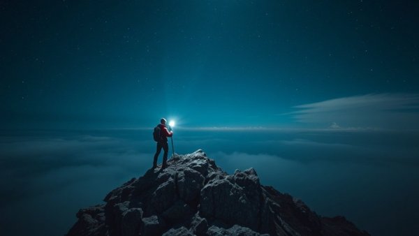 Hiker using headlamp tool on night hike under starry sky.